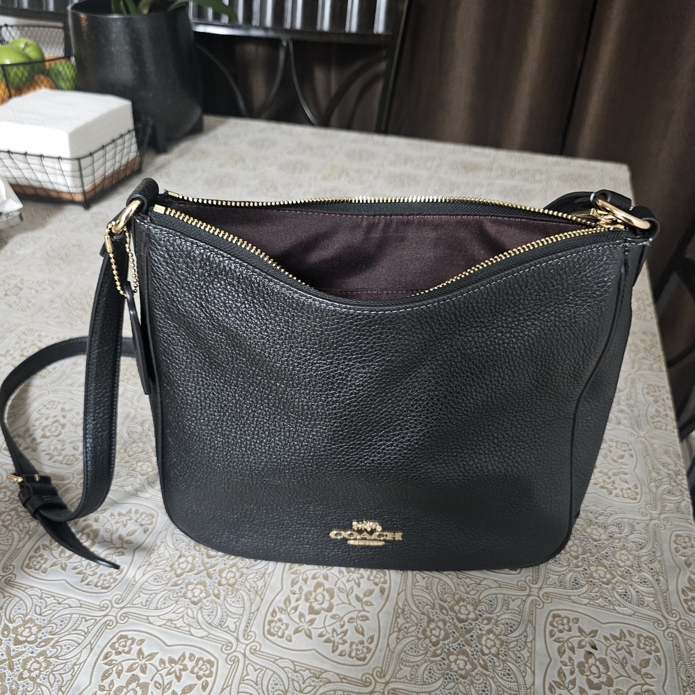 Coach Black Pebbled Leather Shoulder Bag with Gold Accents - Picture 2 of 4